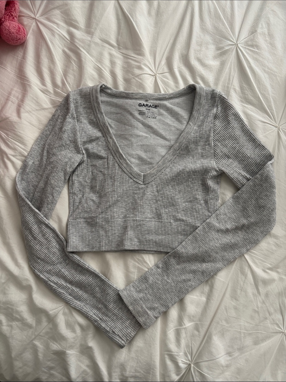 Garage Heather Gray Ribbed V-Neck Long Sleeve Crop Top